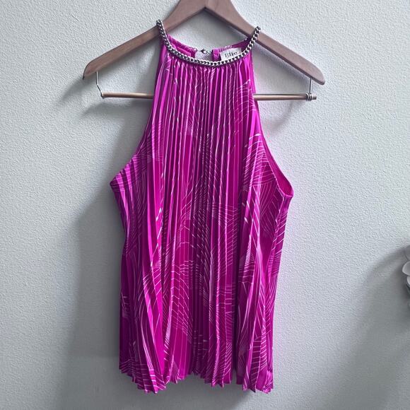 Elie Tahari Chain Halter Pleated Bright Pink Top Women's Size Large Loose Fit - Picture 2 of 11